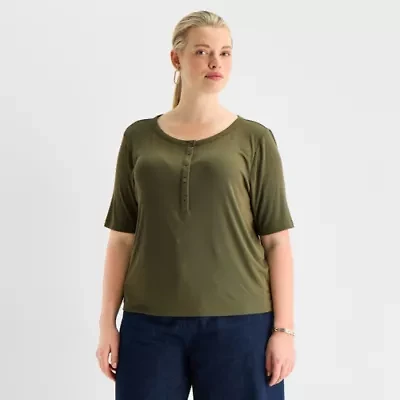 Worthington Womens Plus Y Neck Elbow Sleeve Blouse