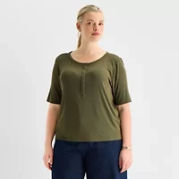 Worthington Womens Plus Y Neck Elbow Sleeve Blouse