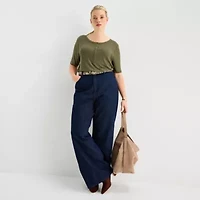 Worthington Womens Plus Y Neck Elbow Sleeve Blouse