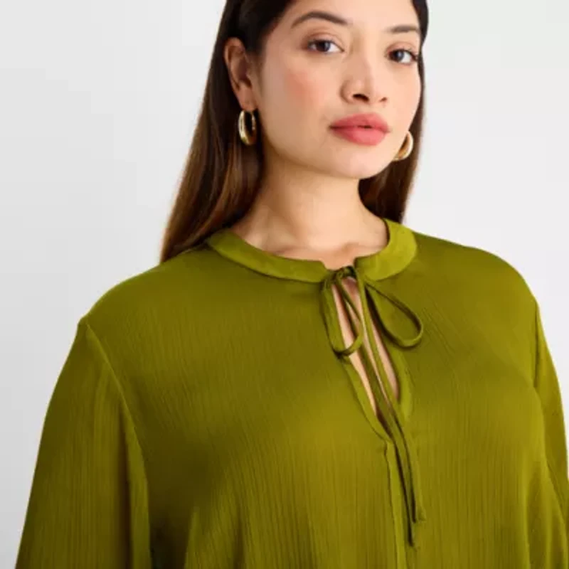 Worthington Womens Plus Split Tie Neck Long Sleeve Blouse