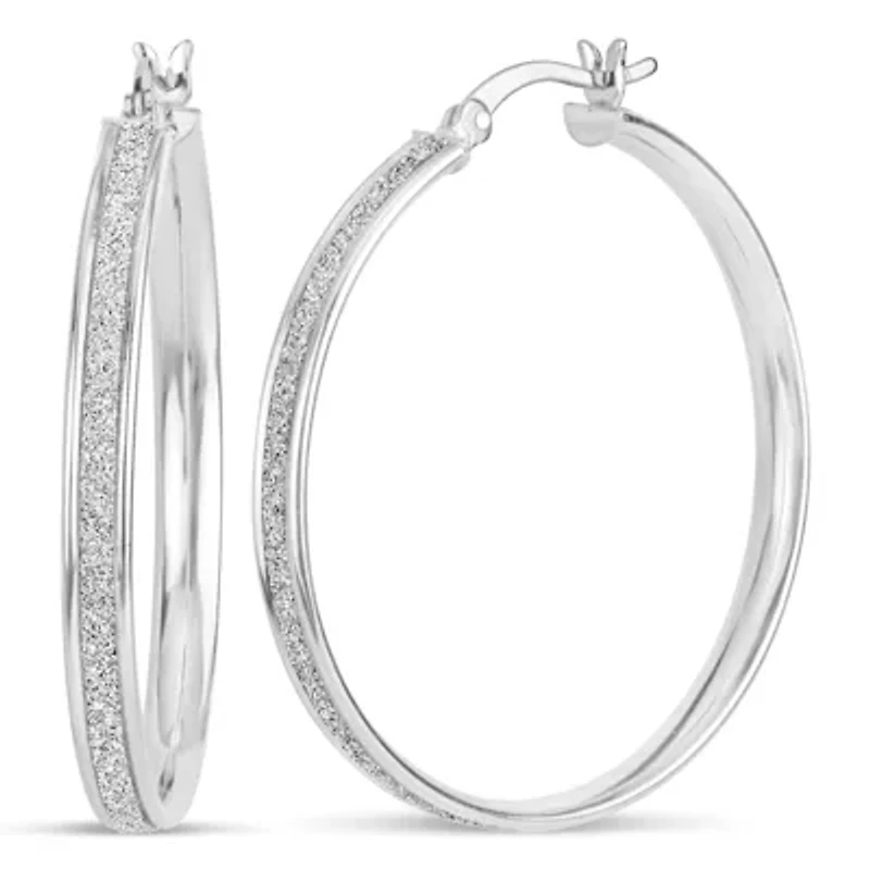 STERLING SILVER RHODIUM 35x2.5MM GLITTER HOOP EARRINGS