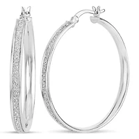 STERLING SILVER RHODIUM 35x2.5MM GLITTER HOOP EARRINGS