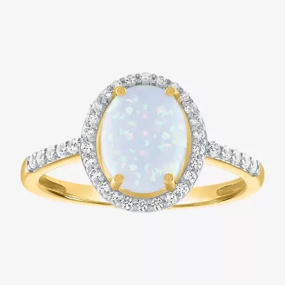 Womens Lab Created White Opal 10K Gold Cocktail Ring