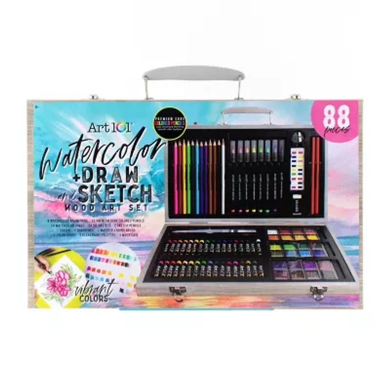 Art 101 Watercolor, Draw, and Sketch 88 Piece Art Set in a Wood Carrying Case