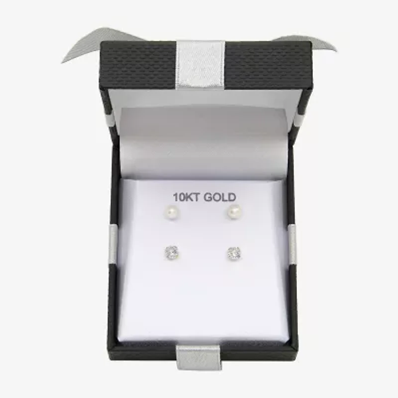 Womens Cubic Zirconia 10K Gold 2 Pair Earring Set