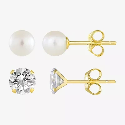 Womens Cubic Zirconia 10K Gold 2 Pair Earring Set