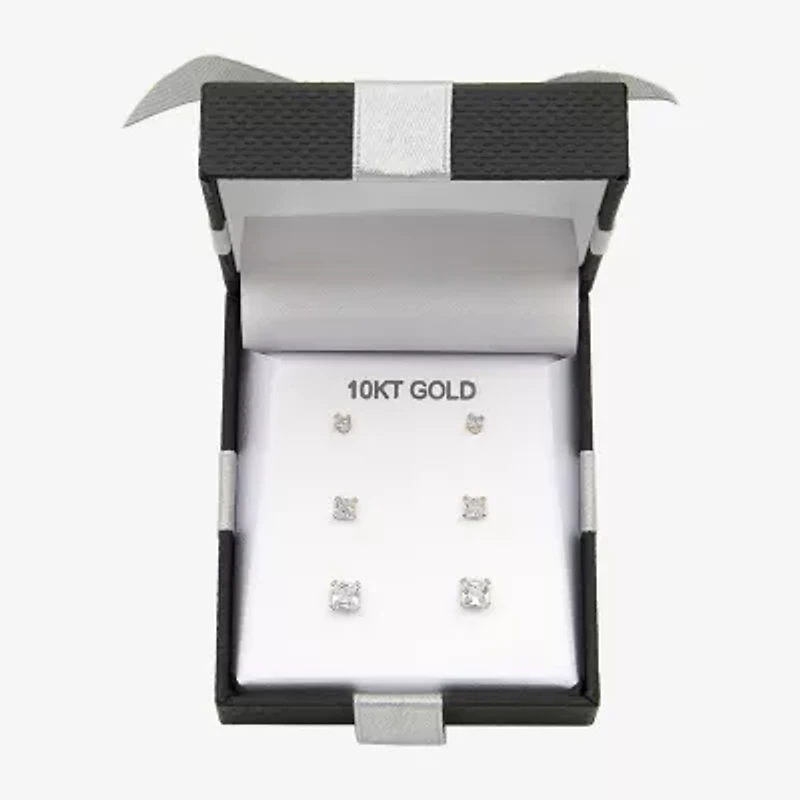 Womens Cubic Zirconia 10K Gold Round 3 Pair Earring Set