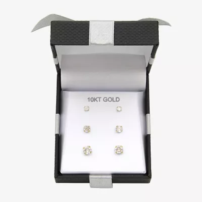 Womens Cubic Zirconia 10K Gold Round 3 Pair Earring Set