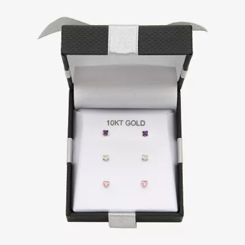 Womens Multi Color Cubic Zirconia 10K Gold Round 3 Pair Earring Set