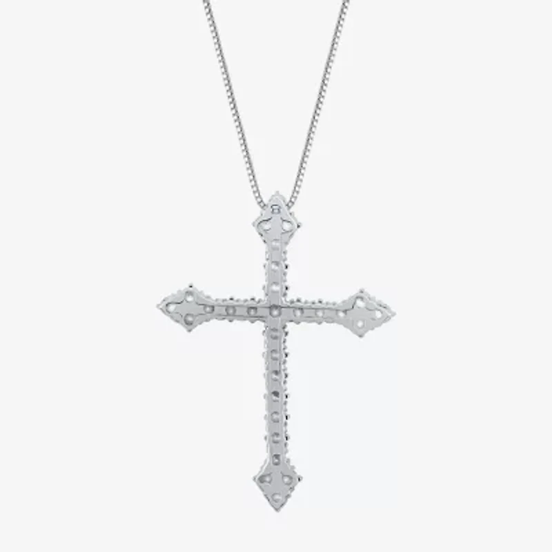 (H / Si2) Womens 1 CT. T.W. Lab Grown White Diamond 10K White Gold Cross 18 Inch Pendant Necklace