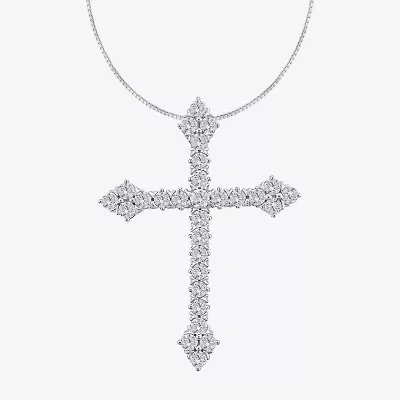 (H / Si2) Womens 1 CT. T.W. Lab Grown White Diamond 10K White Gold Cross 18 Inch Pendant Necklace