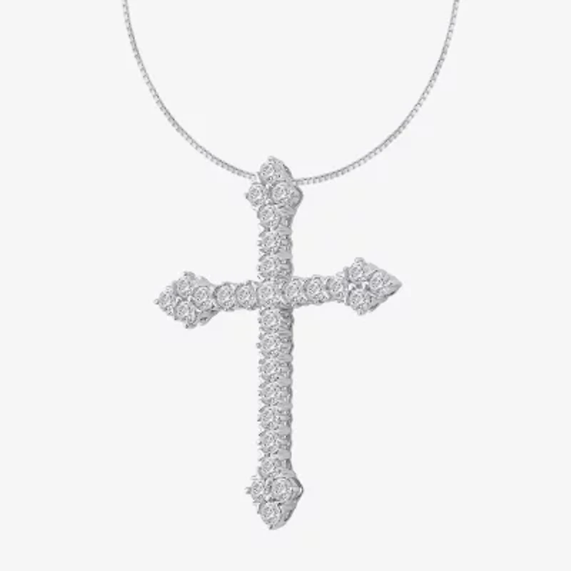 (H / Si2) Womens 1 CT. T.W. Lab Grown White Diamond 10K White Gold Cross 18 Inch Pendant Necklace