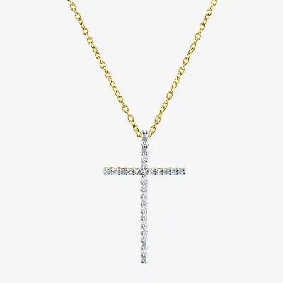1/10 CT. T.W. Diamond Sterling Silver or 14K Gold Over Cross Pendant Necklace