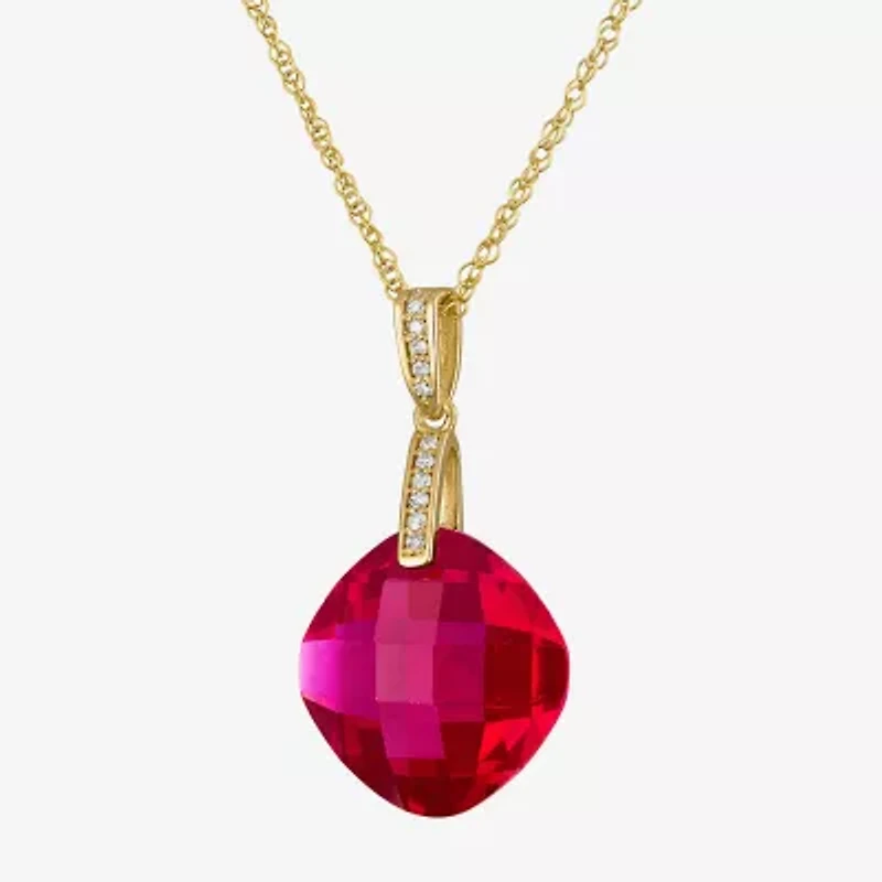 Womens Diamond Accent Lab Created Gemstone 14K Gold Cushion Pendant Necklace