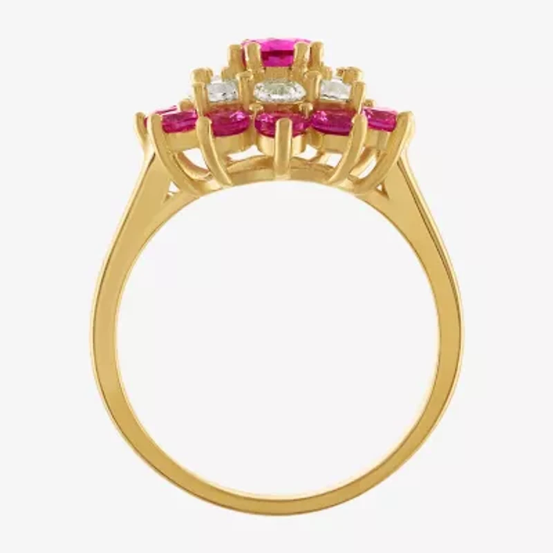 Womens Lab Created Pink Sapphire 14K Gold Over Silver Pear Halo Cocktail Ring