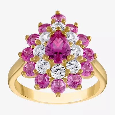 Womens Lab Created Pink Sapphire 14K Gold Over Silver Pear Halo Cocktail Ring