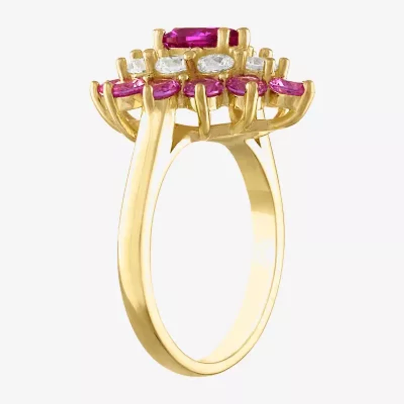 Womens Lab Created Pink Sapphire 14K Gold Over Silver Pear Halo Cocktail Ring