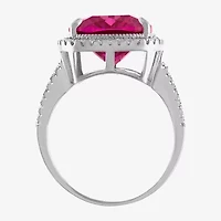 Womens Lab Created Pink Sapphire Sterling Silver Cushion Halo Cocktail Ring