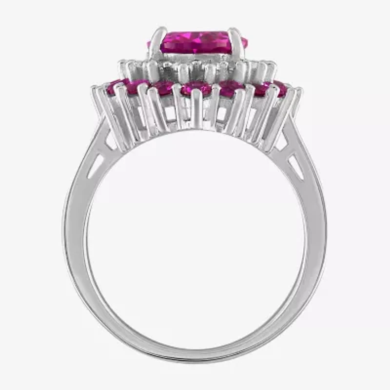 Womens Lab Created Pink Sapphire Sterling Silver Oval Halo Cocktail Ring