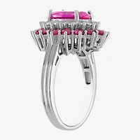 Womens Lab Created Pink Sapphire Sterling Silver Oval Halo Cocktail Ring