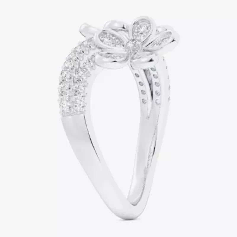 (G-H / Si1-Si2) Womens 1/3 CT. T.W. Lab Grown White Diamond 10K Gold Flower Bypass  Cocktail Ring
