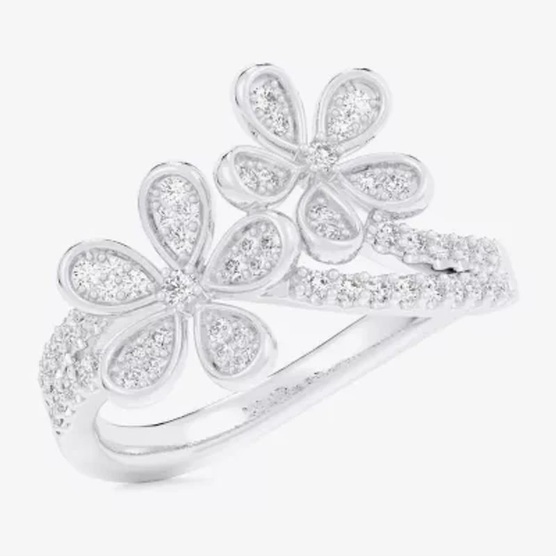 (G-H / Si1-Si2) Womens 1/3 CT. T.W. Lab Grown White Diamond 10K Gold Flower Bypass  Cocktail Ring