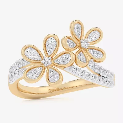 G-H / Si1-Si2) Womens 1/3 CT. T.W. Lab Grown White Diamond 10K Gold Flower Bypass Cocktail Ring