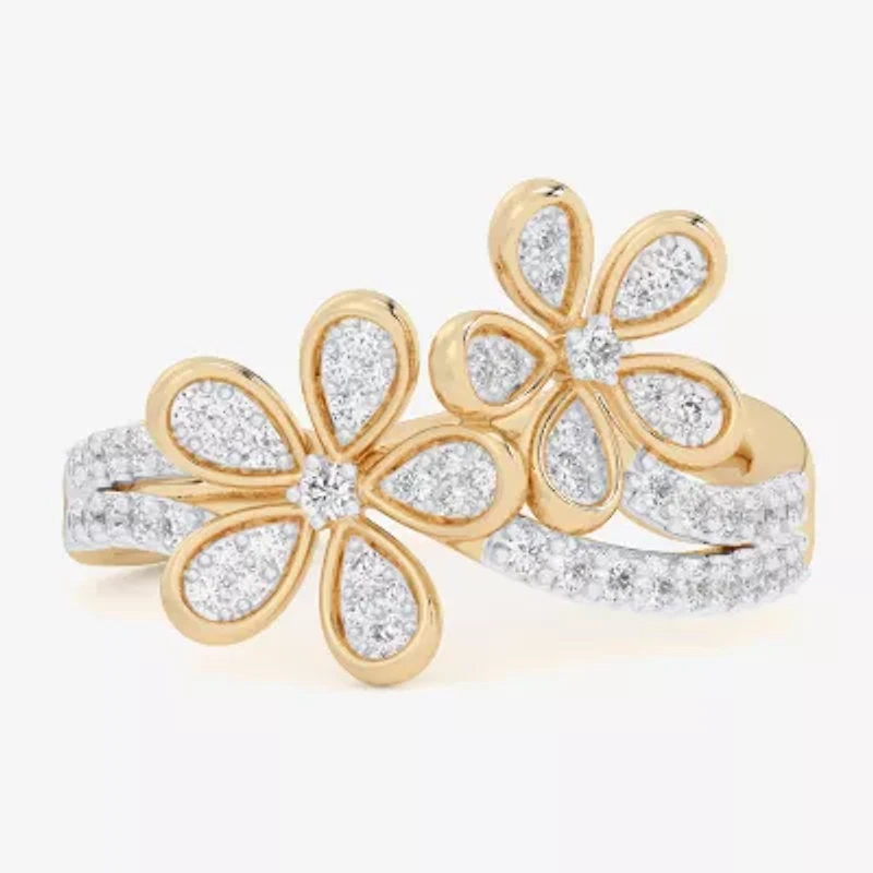 G-H / Si1-Si2) Womens 1/3 CT. T.W. Lab Grown White Diamond 10K Gold Flower Bypass Cocktail Ring