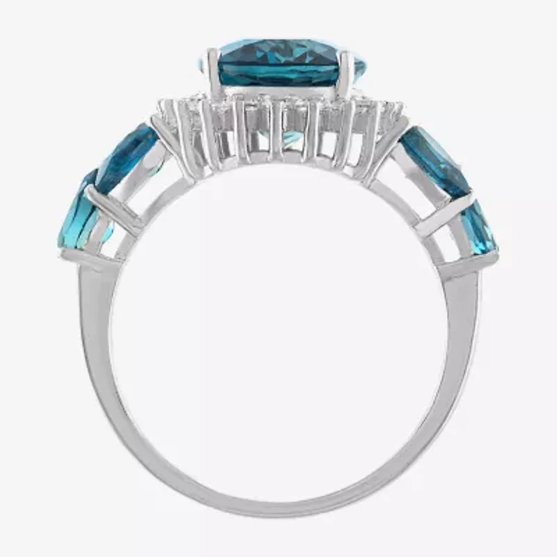 Womens Genuine Blue Topaz Sterling Silver Oval Halo Cocktail Ring