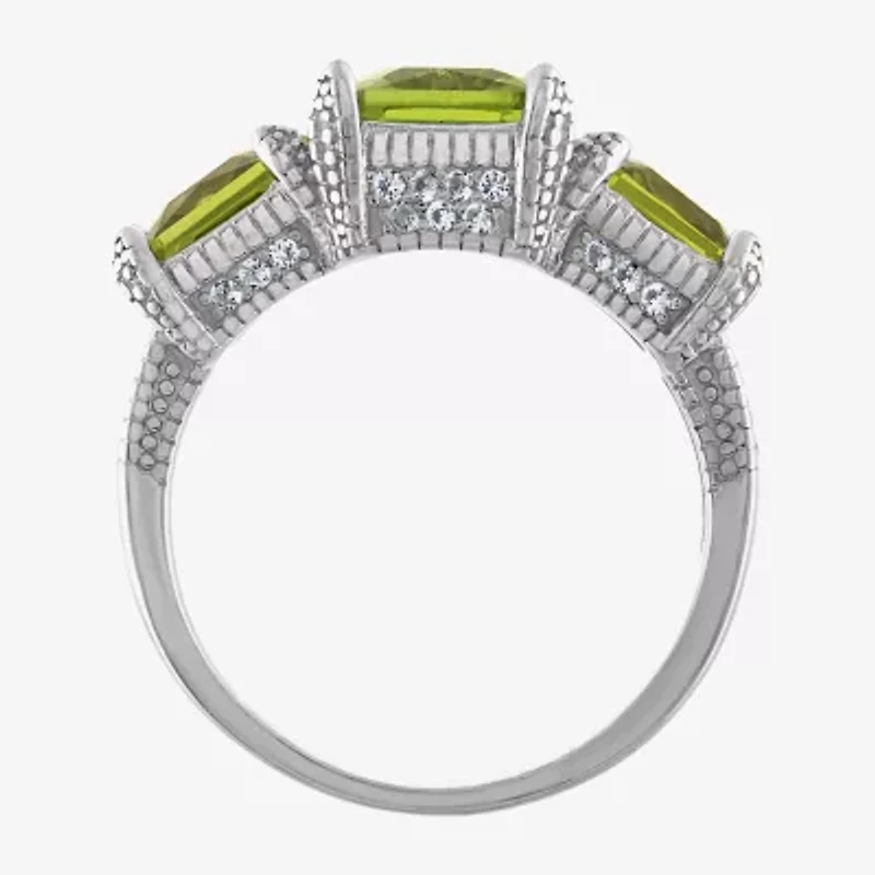 Womens Genuine Green Peridot Sterling Silver 3-Stone Cocktail Ring