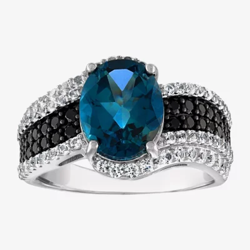 Womens Genuine Blue Topaz Sterling Silver Oval Cocktail Ring