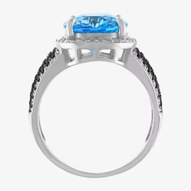 Womens Genuine Blue Topaz Sterling Silver Oval Halo Cocktail Ring