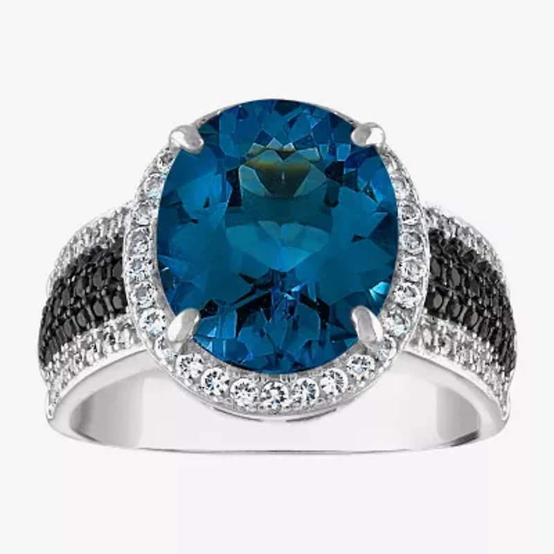 Womens Genuine Blue Topaz Sterling Silver Oval Halo Cocktail Ring