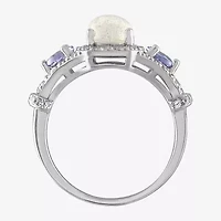 Womens Genuine White Opal Sterling Silver Oval Halo Cocktail Ring