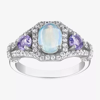 Womens Genuine White Opal Sterling Silver Oval Halo Cocktail Ring