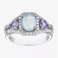 Womens Genuine White Opal Sterling Silver Oval Halo Cocktail Ring