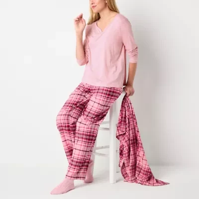 Liz Claiborne Womens Flannel Long Sleeve 4-pc. Pajama Set