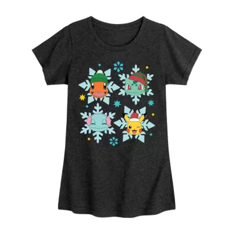 Snowflakes Big Kid Girls Crew Neck Short Sleeve Pokeman T-Shirt
