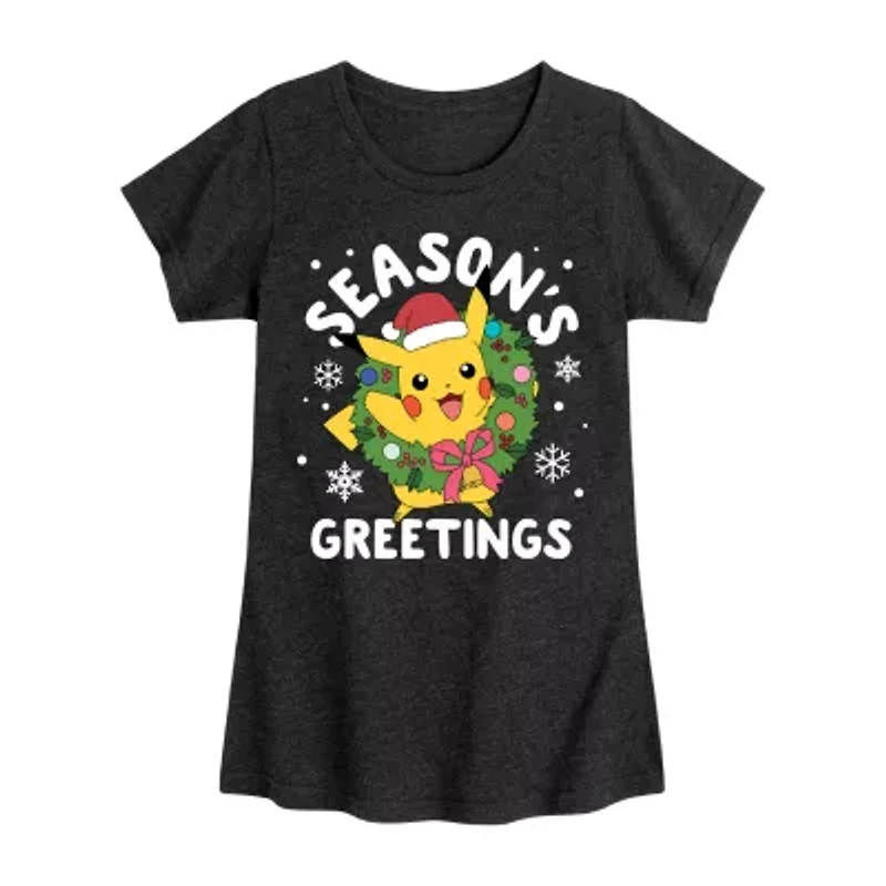 Pikachu Seasons Greetings Big Kid Girls Crew Neck Short Sleeve Pokeman T-Shirt