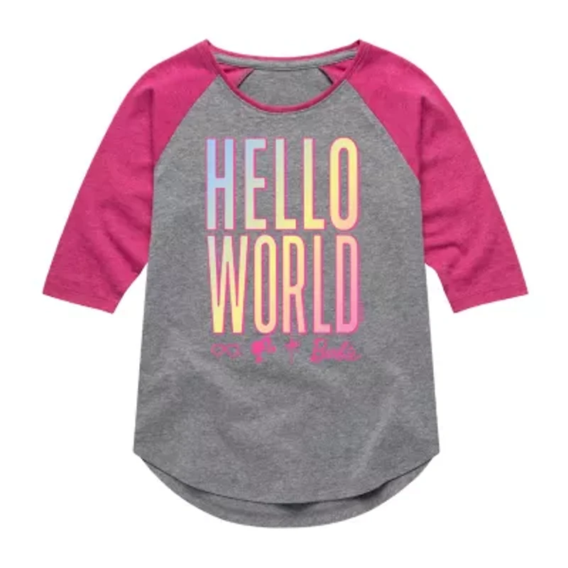 Hello World Big Kid Girls Crew Neck 3/4 Sleeve Barbie T-Shirt