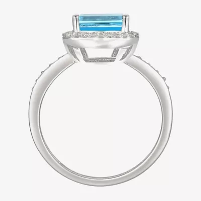 Womens Genuine Blue Topaz Sterling Silver Halo Side Stone Cocktail Ring