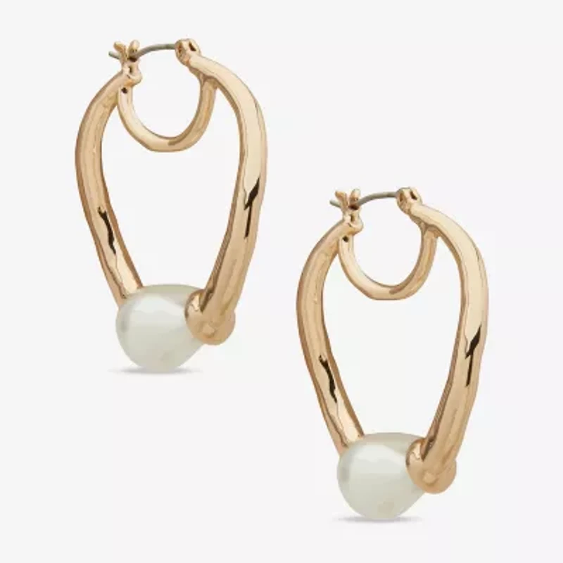 Worthington Gold Tone Womens Simulated Pearl 37.1mm Hoop Earrings