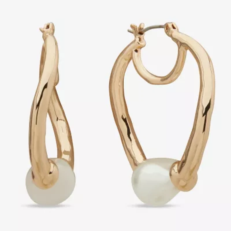 Worthington Gold Tone Womens Simulated Pearl 37.1mm Hoop Earrings