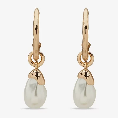 Worthington Gold Tone Womens Simulated Pearl 44.9mm Hoop Earrings