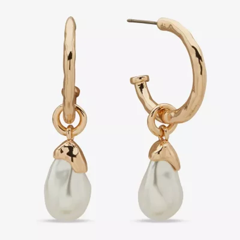 Worthington Gold Tone Womens Simulated Pearl 44.9mm Hoop Earrings
