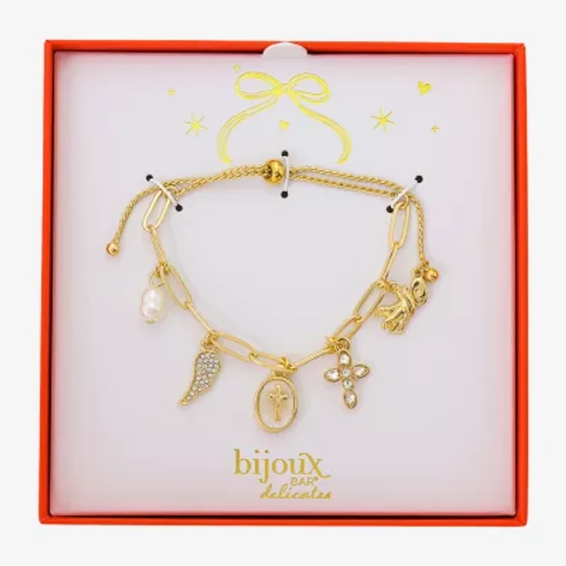 Bijoux Bar Delicates Gold Tone Womens Glass Cross Wing Charm Bracelet