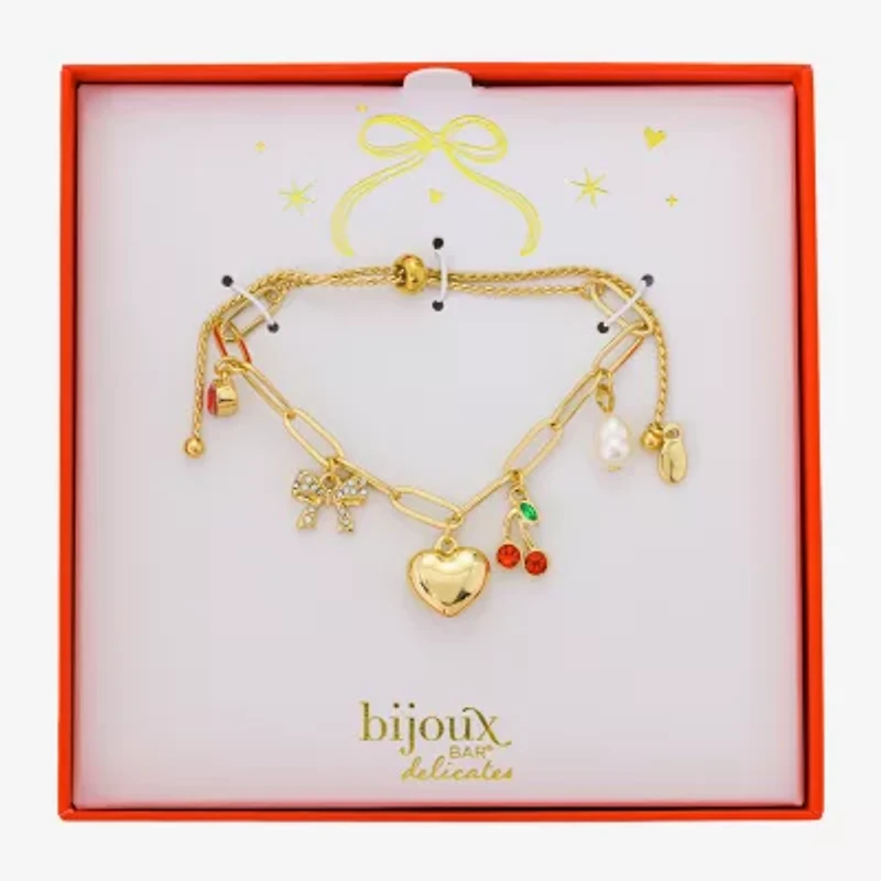 Bijoux Bar Delicates Gold Tone Womens Glass Bow Cherries Heart Charm Bracelet