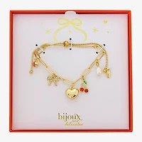 Bijoux Bar Delicates Gold Tone Womens Glass Bow Cherries Heart Charm Bracelet