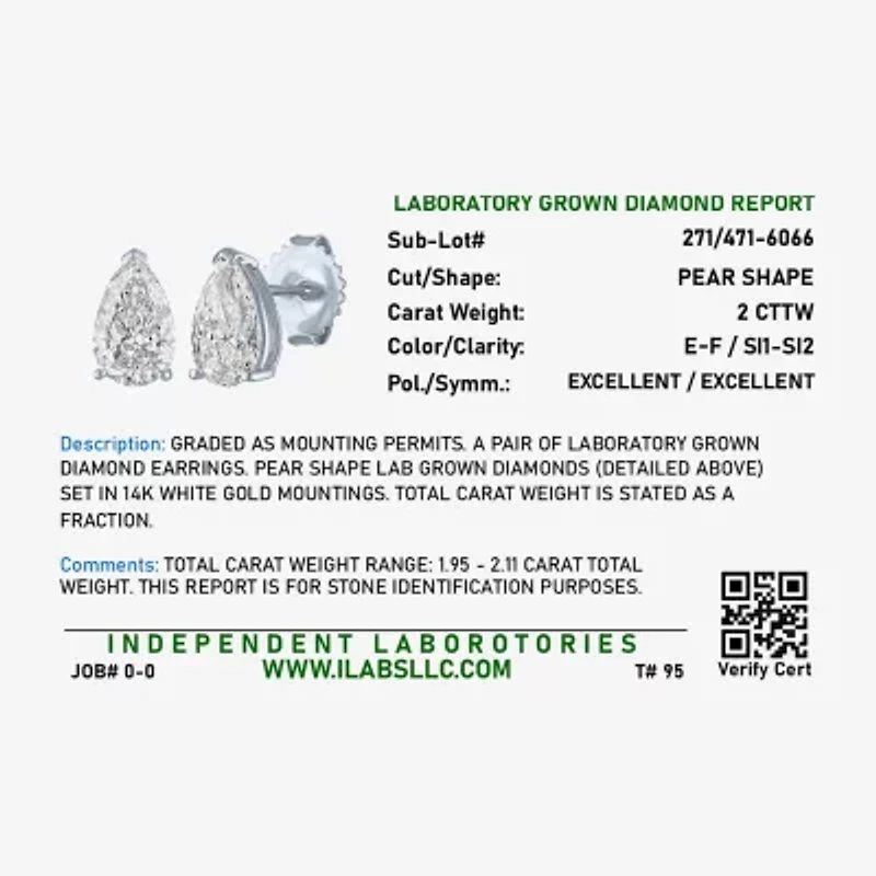 Si1-Si2/E-F 2 CT. T.W. Lab Grown White Diamond 14K White Gold 8.8mm Pear Stud Earrings