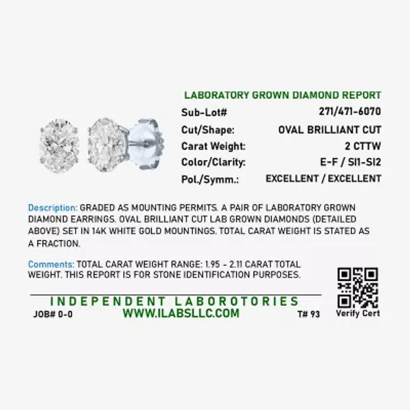 Si1-Si2/E-F 2 CT. T.W. Lab Grown White Diamond 14K White Gold 8mm Oval Stud Earrings